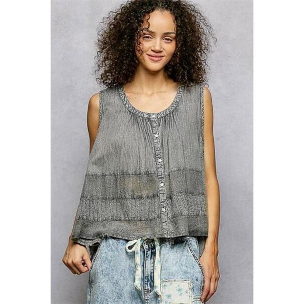 POL Button Down Round Neck Tank with‎ Crochet Contrast - Picture 2 of 8